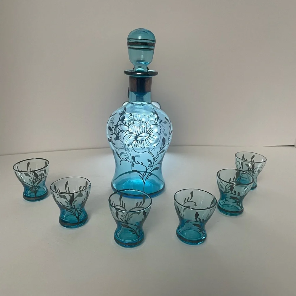 Vintage Art Deco Light Blue Decanter and 6 Cordial Glasses